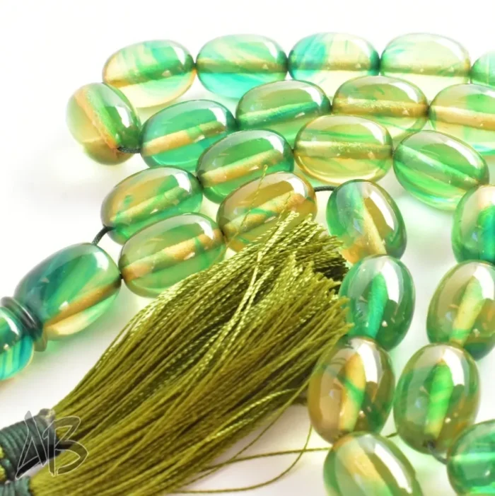 تسبیح کهربای 35 دانه بیضی کشیده رگه‌دار بسیار شکیل کد 1163 آقابزرگ - Image 6