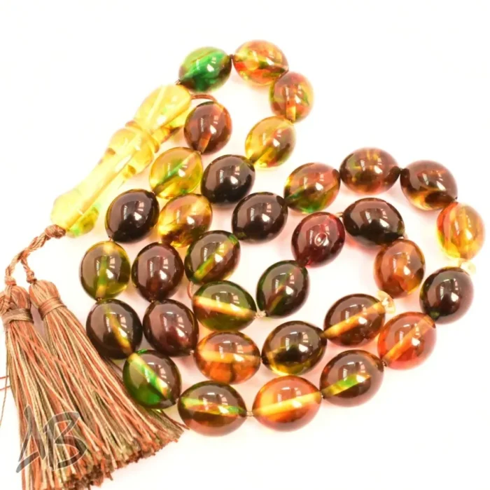 تسبیح کهربای 33 دانه چند رنگ و بسیار زیبا تخم کفتری کد 1164 آقابزرگ - Image 5