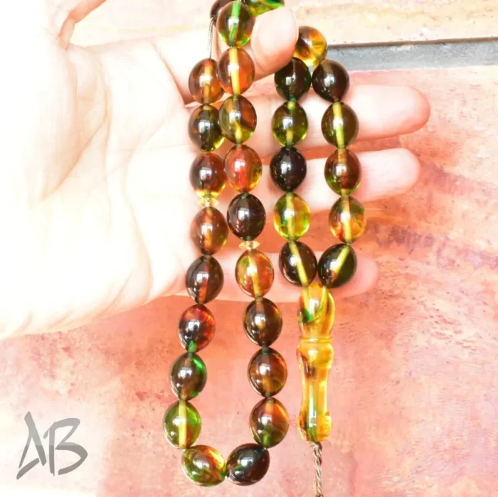 تسبیح کهربای 33 دانه چند رنگ و بسیار زیبا تخم کفتری کد 1164 آقابزرگ - Image 6