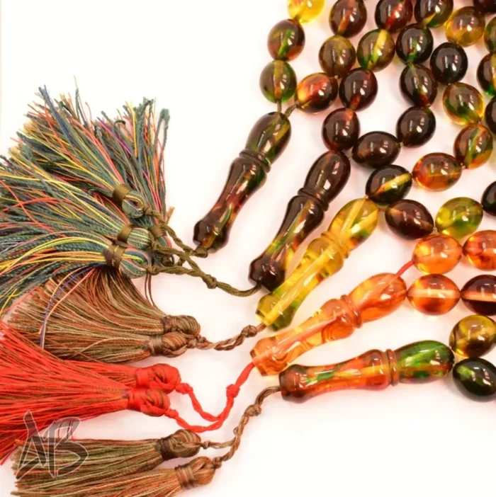 تسبیح کهربای 33 دانه چند رنگ و بسیار زیبا تخم کفتری کد 1164 آقابزرگ - Image 7