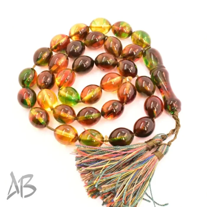 تسبیح کهربای 33 دانه چند رنگ و بسیار زیبا تخم کفتری کد 1164 آقابزرگ - Image 9