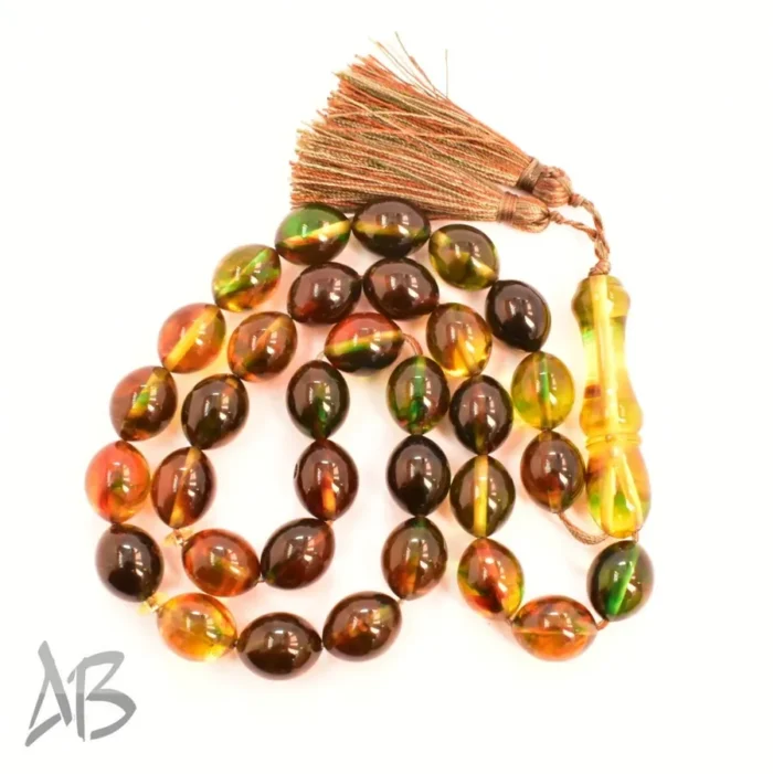 تسبیح کهربای 33 دانه چند رنگ و بسیار زیبا تخم کفتری کد 1164 آقابزرگ - Image 4