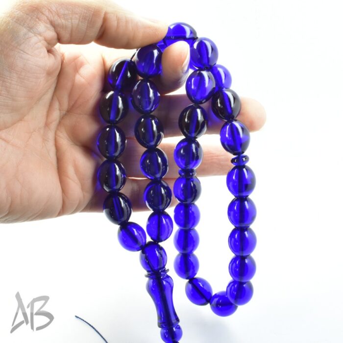 تسبیح سندلوس 33 دانه اصل بودار کد 1170 تراش تخم‌مرغی آبی کاربنی آقابزرگ - Image 4