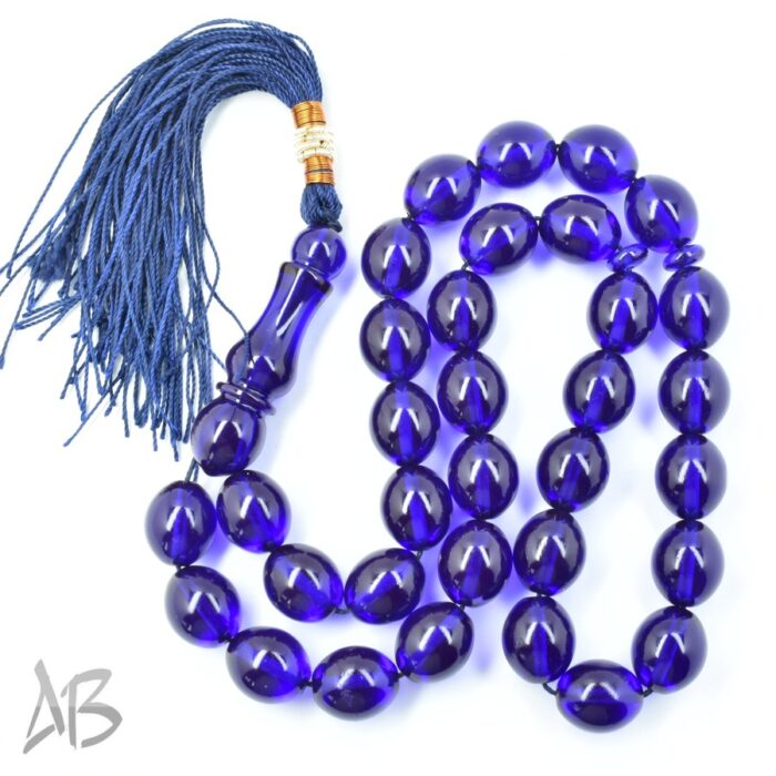 تسبیح سندلوس 33 دانه اصل بودار کد 1170 تراش تخم‌مرغی آبی کاربنی آقابزرگ - Image 5