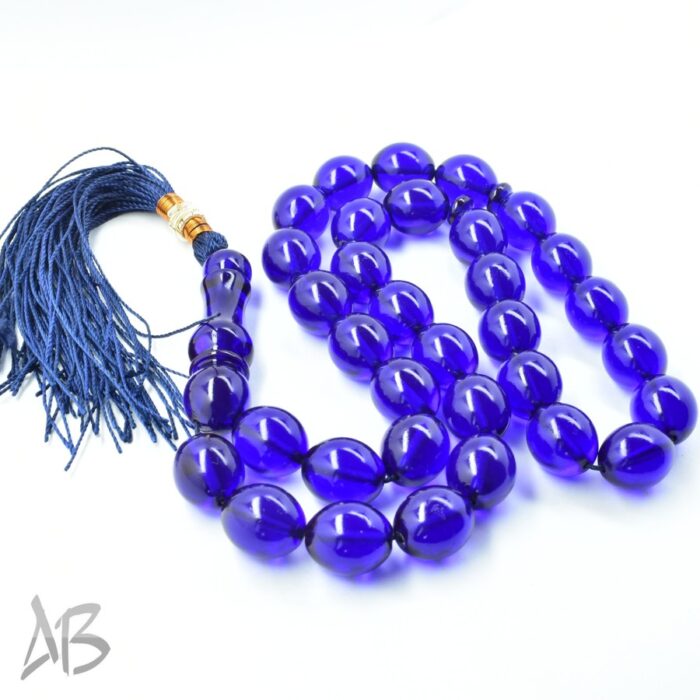 تسبیح سندلوس 33 دانه اصل بودار کد 1170 تراش تخم‌مرغی آبی کاربنی آقابزرگ - Image 6