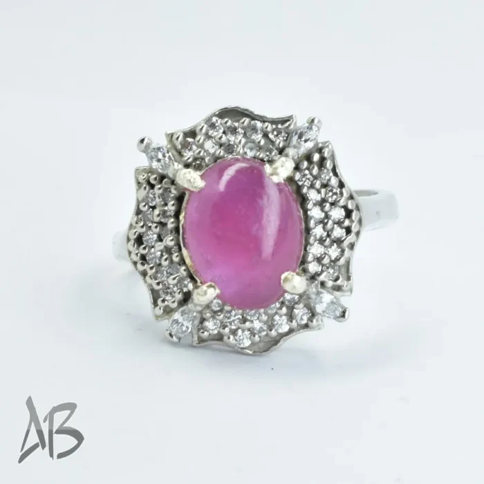 انگشتر نقره زنانه با نگین یاقوت صورتی اصل کابوشن آقابزرگ کد 303 - Image 4