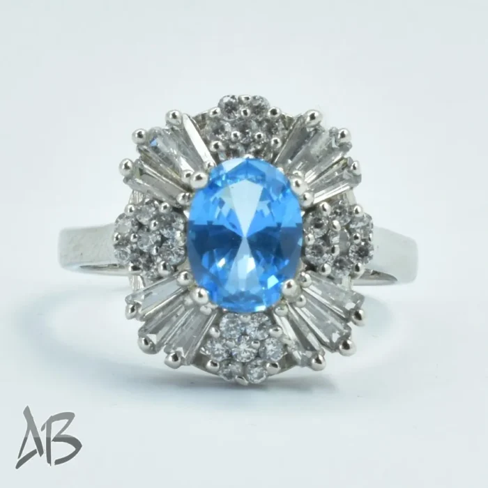 انگشتر نقره زنانه توپاز آبی شفاف و درخشان بسیار زیبا آبکاری رودیوم عیار 925  کد 309 - Image 3