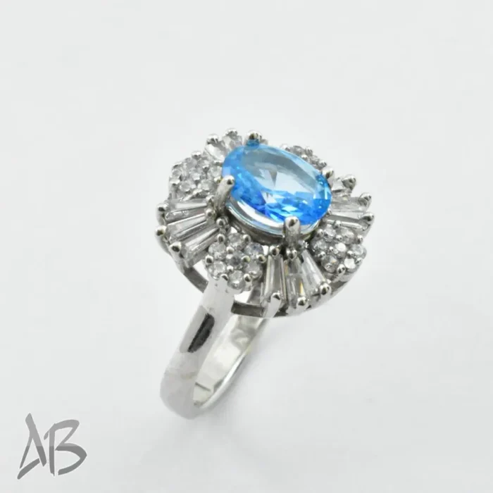 انگشتر نقره زنانه توپاز آبی شفاف و درخشان بسیار زیبا آبکاری رودیوم عیار 925  کد 309 - Image 9