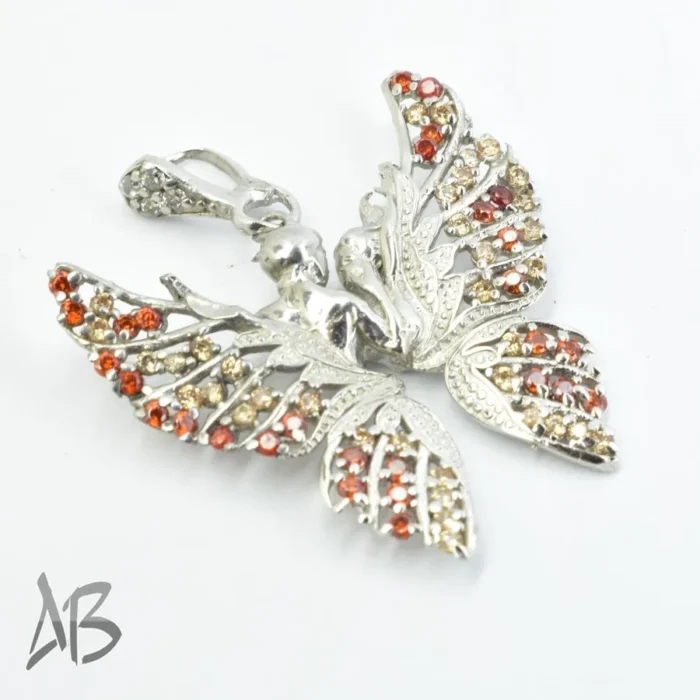 مدالی یا گردنبند نقره مدل جدید پروانه لیلی و مجنون با نگین‌های نارنجی و طلایی Med106 - Image 3
