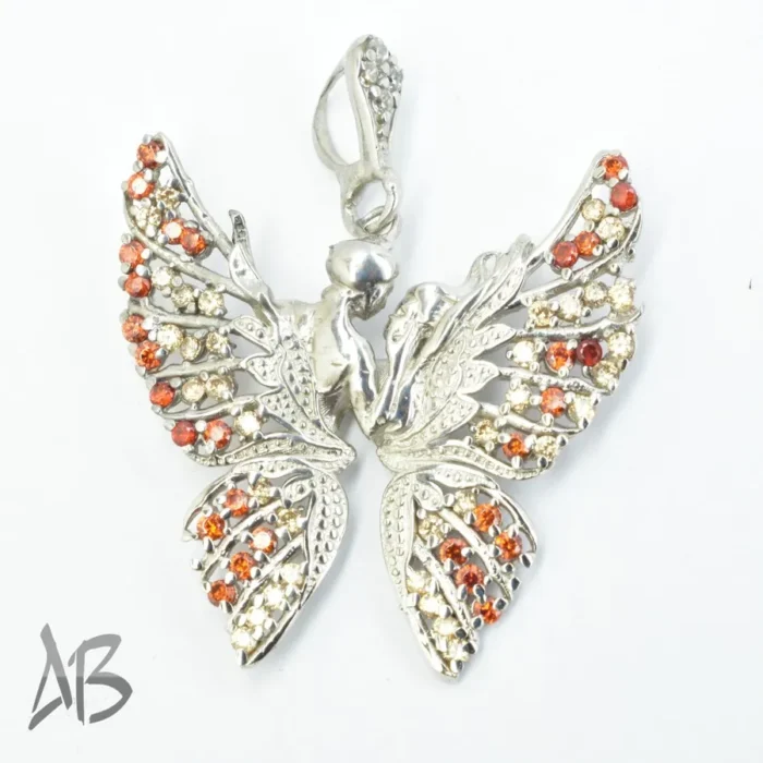 مدالی یا گردنبند نقره مدل جدید پروانه لیلی و مجنون با نگین‌های نارنجی و طلایی Med106 - Image 4