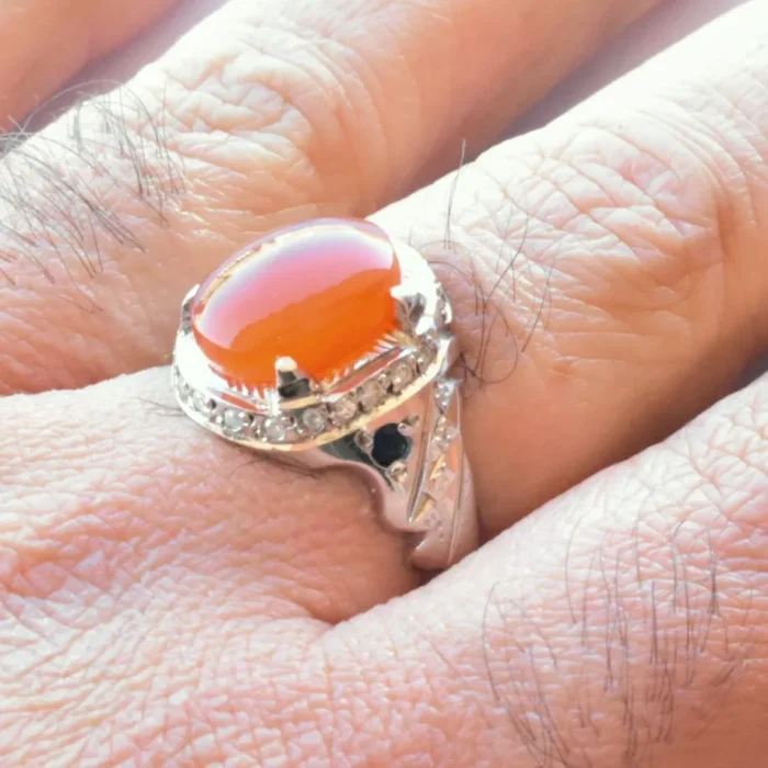 انگشتر مردانه نقره دست‌ساز عقیق یمنی درشت رکاب شکیل و کار شده کد M224 - Image 5