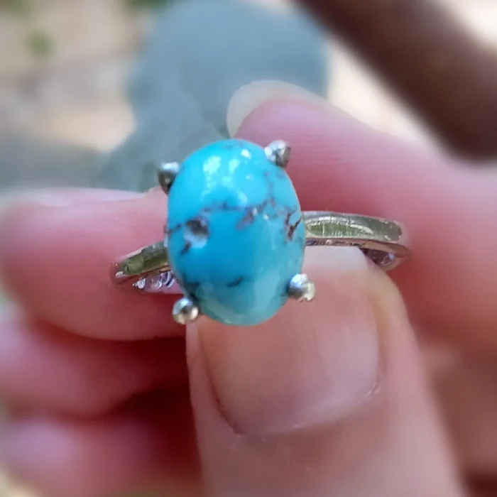 انگشتر نقره زنانه نگین فیروزه نیشابور، رکاب ساده، اصل آقابزرگ کد 342 - Image 4