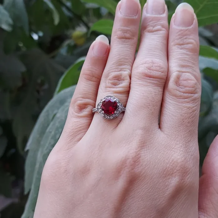 انگشتر نقره زنانه نگین قرمز آبکاری طلا سفید آقابزرگ کد 364 - Image 3