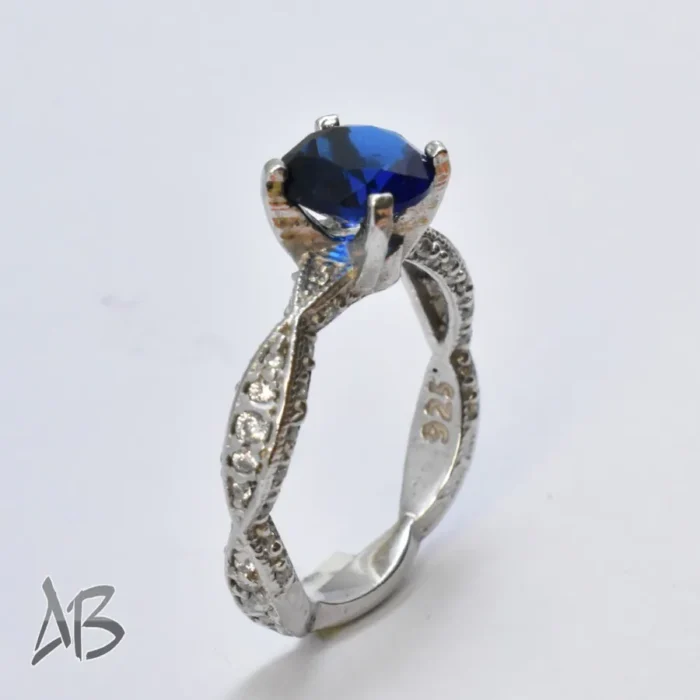 انگشتر نقره زنانه استرلینگ 925 پوشش رودیوم نگین اتمی برلیان کات آبی رنگ آقابزرگ 377 - Image 3