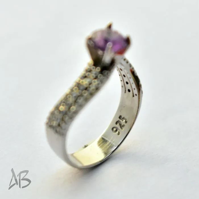 انگشتر نقره زنانه آمتیست (آماتیست) اصل با رکاب پرنگین سه ردیفه مورب، آقابزرگ Am17 - Image 4