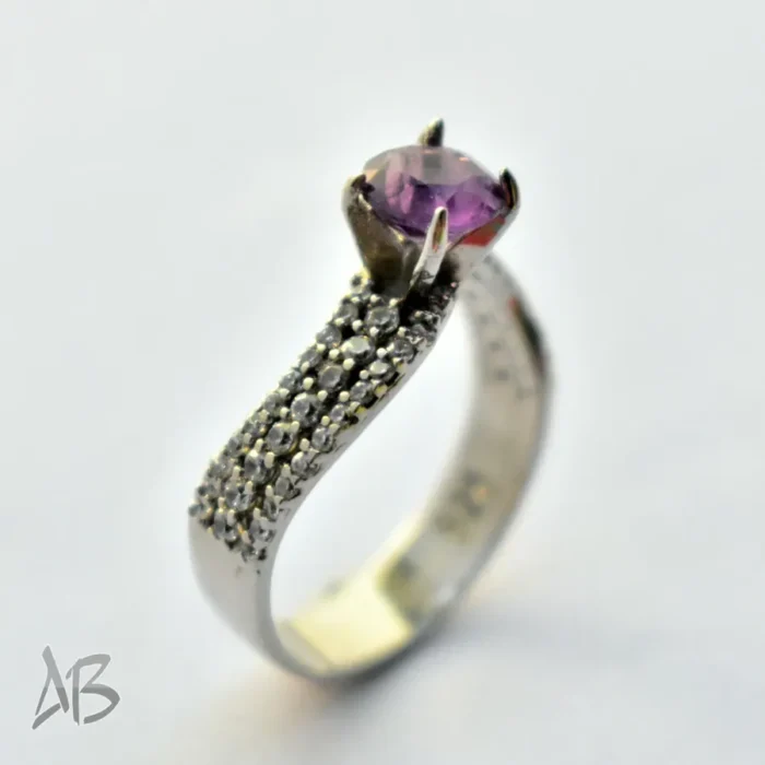 انگشتر نقره زنانه آمتیست (آماتیست) اصل با رکاب پرنگین سه ردیفه مورب، آقابزرگ Am17 - Image 5