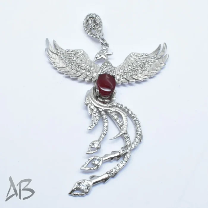 گردنبند نقره (مدالی) اصل جدید نگین عقیق یمنی طرح سیمرغ کد Med130 - Image 4