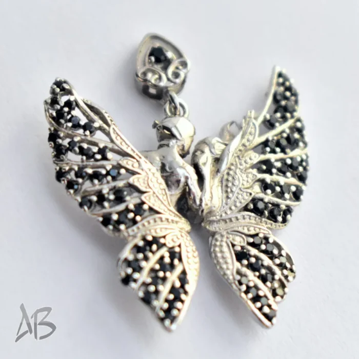 مدالی یا گردنبند نقره مدل جدید پروانه لیلی و مجنون با نگین‌های مشکی Med117 - Image 4