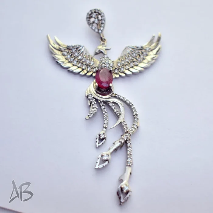 گردنبند نقره (مدالی) اصل نگین یاقوت سرخ طرح سیمرغ، آقابزرگ کد Med119 - Image 7