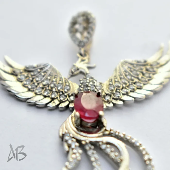 گردنبند نقره (مدالی) اصل نگین یاقوت سرخ طرح سیمرغ، آقابزرگ کد Med119 - Image 3