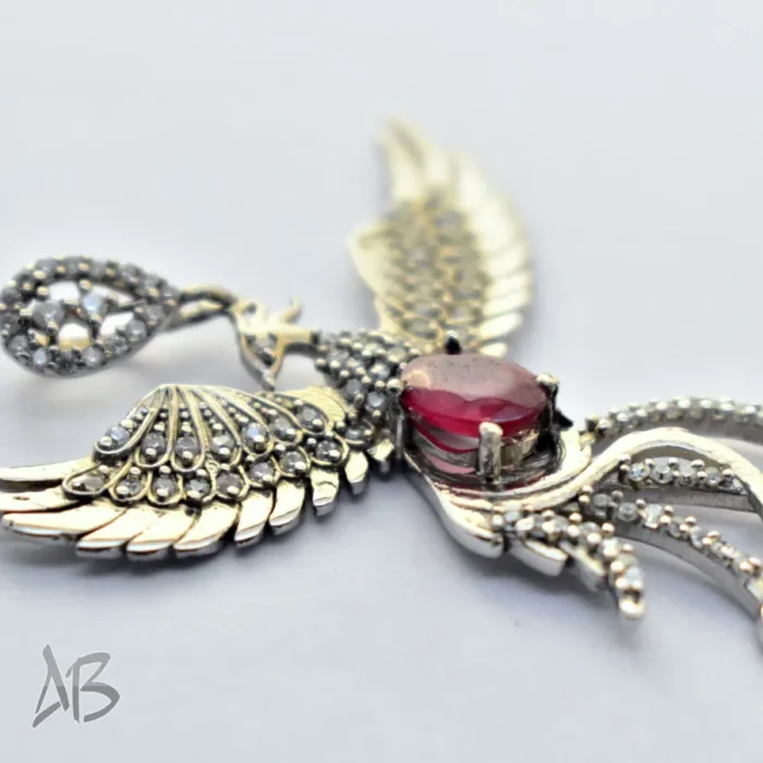 گردنبند نقره (مدالی) اصل نگین یاقوت سرخ طرح سیمرغ، آقابزرگ کد Med119 - Image 4