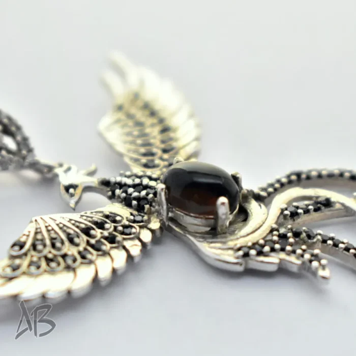 گردنبند یا مدالی نقره اصل زنانه نگین اسموکی کوارتز طرح سیمرغ آبکاری طلا سفید آقابزرگ کد Med120 - Image 3