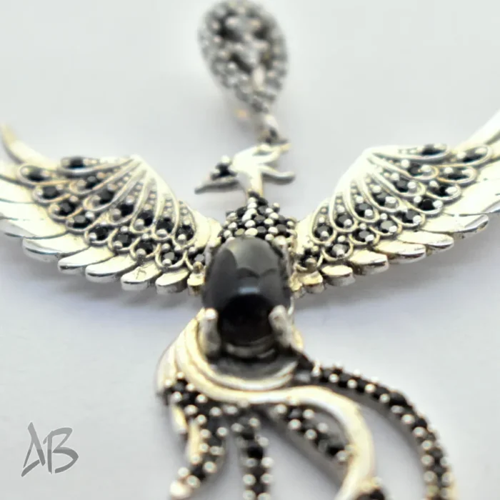 گردنبند یا مدالی نقره اصل زنانه نگین اسموکی کوارتز طرح سیمرغ آبکاری طلا سفید آقابزرگ کد Med120 - Image 8