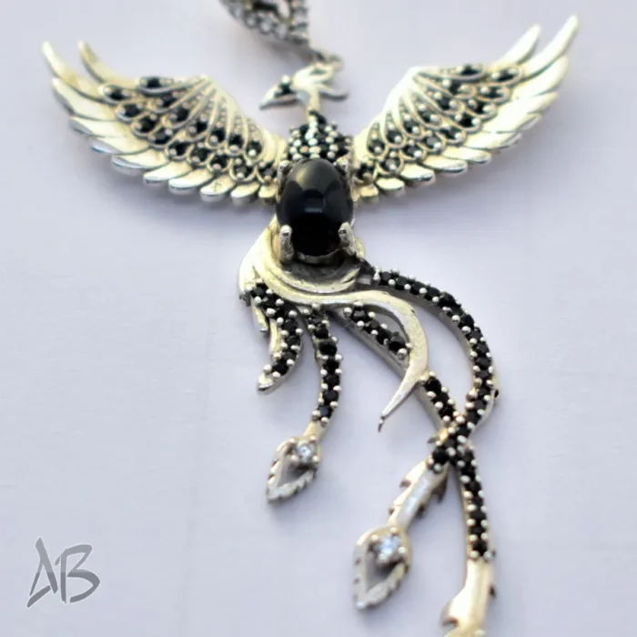 گردنبند یا مدالی نقره اصل زنانه نگین اسموکی کوارتز طرح سیمرغ آبکاری طلا سفید آقابزرگ کد Med120 - Image 7