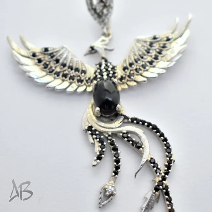 گردنبند یا مدالی نقره اصل زنانه نگین اسموکی کوارتز طرح سیمرغ آبکاری طلا سفید آقابزرگ کد Med120 - Image 6