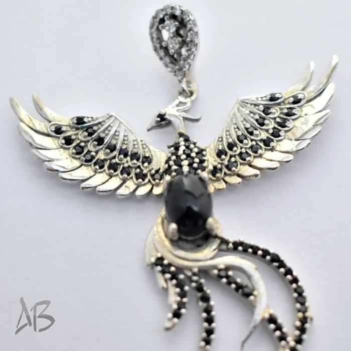 گردنبند یا مدالی نقره اصل زنانه نگین اسموکی کوارتز طرح سیمرغ آبکاری طلا سفید آقابزرگ کد Med120 - Image 5