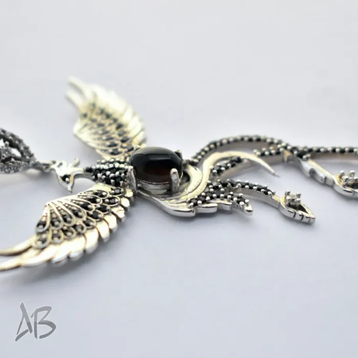گردنبند یا مدالی نقره اصل زنانه نگین اسموکی کوارتز طرح سیمرغ آبکاری طلا سفید آقابزرگ کد Med120 - Image 4