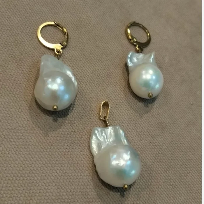 مروارید پرورشی باروک مدل اشک اصلی و طبیعی 3 عددی گوشواره و مدالی کد mv17 - Image 2