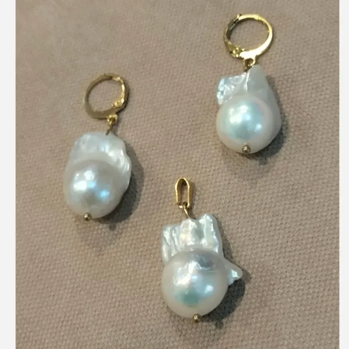 مروارید پرورشی باروک مدل اشک اصلی و طبیعی 3 عددی گوشواره و مدالی کد mv17 - Image 5