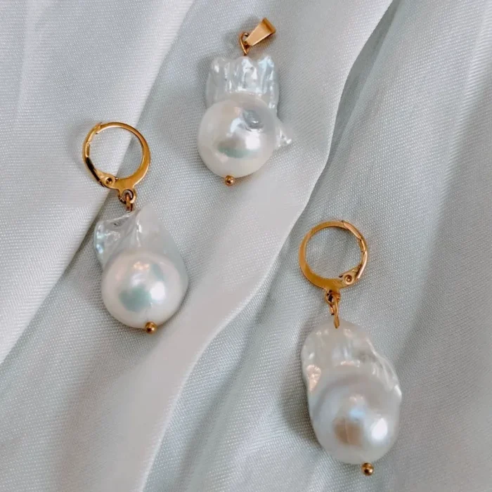 مروارید پرورشی باروک مدل اشک اصلی و طبیعی 3 عددی گوشواره و مدالی کد mv17 - Image 7