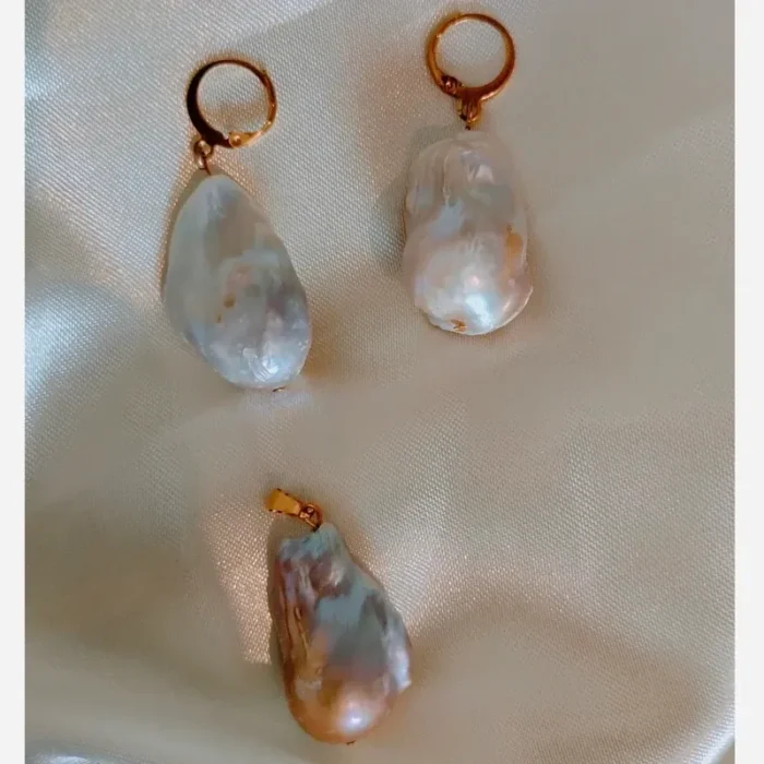 مروارید پرورشی باروک مدل اشک اصلی و طبیعی 3 عددی گوشواره و مدالی کد mv17 - Image 9