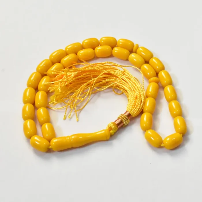 تسبیح سندلوس 33 دانه بودار کد 1335 تراش کپسولی کشیده زرد بسیار درخشان و زیبا آقابزرگ - Image 9