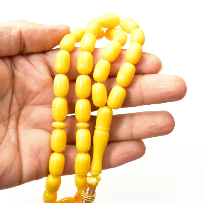 تسبیح سندلوس 33 دانه بودار کد 1335 تراش کپسولی کشیده زرد بسیار درخشان و زیبا آقابزرگ - Image 6
