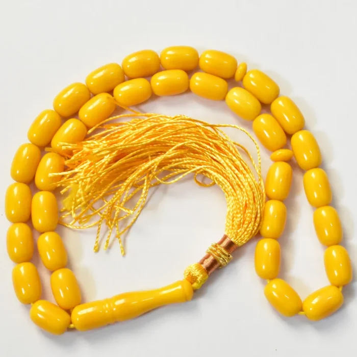 تسبیح سندلوس 33 دانه بودار کد 1335 تراش کپسولی کشیده زرد بسیار درخشان و زیبا آقابزرگ - Image 3
