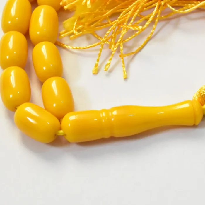 تسبیح سندلوس 33 دانه بودار کد 1335 تراش کپسولی کشیده زرد بسیار درخشان و زیبا آقابزرگ - Image 2